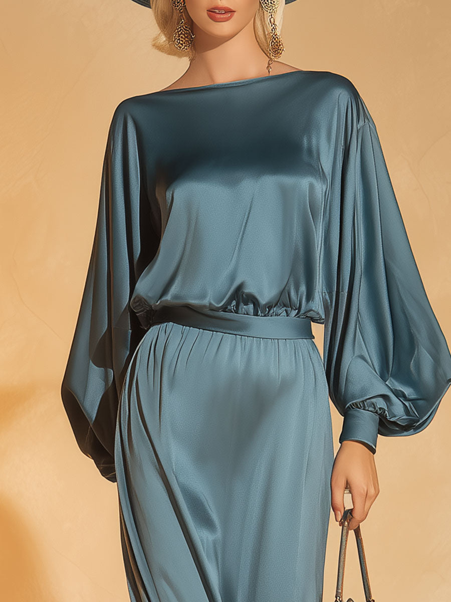 Stylish And Elegant Blue Satin Top And Skirt Set