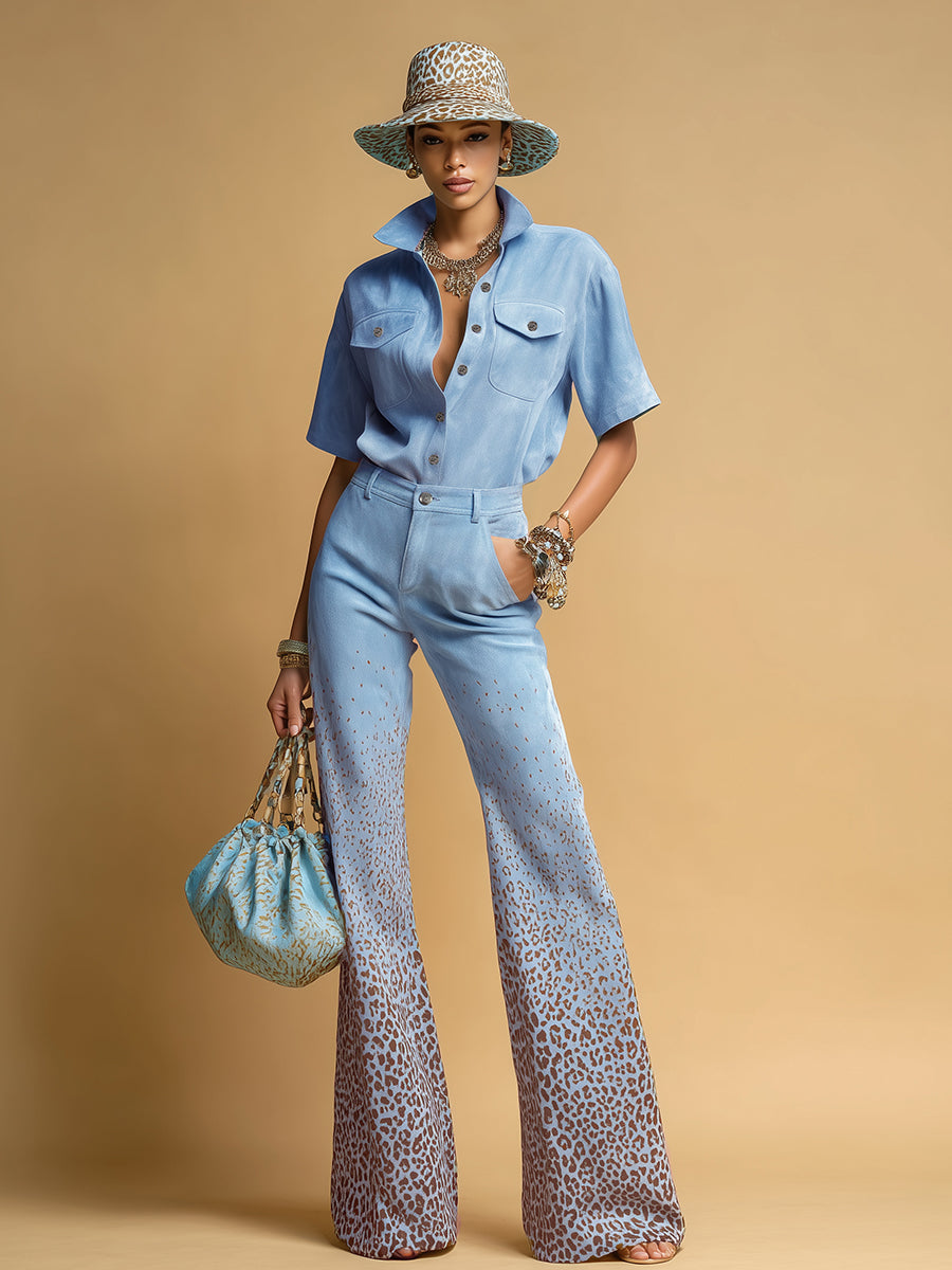 Retro Lapel Short Sleeve Faux Suede Shirt And Gradient Leopard Print Flared Trousers