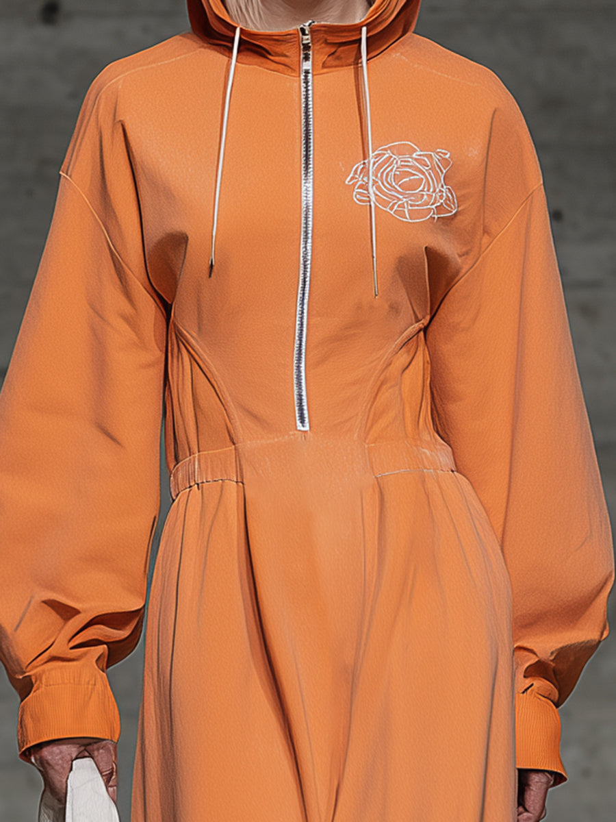 Casual Orange Hooded Zip-up Maxi Dress With Rose Embroidery