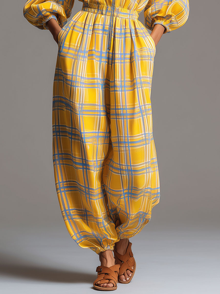 Fashionable Retro Long-sleeved Yellow And Blue Plaid Chiffon Zipper Balloon Jumpsuit