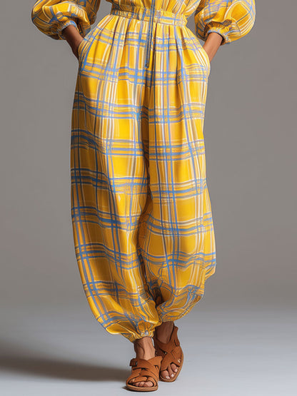 Fashionable Retro Long-sleeved Yellow And Blue Plaid Chiffon Zipper Balloon Jumpsuit