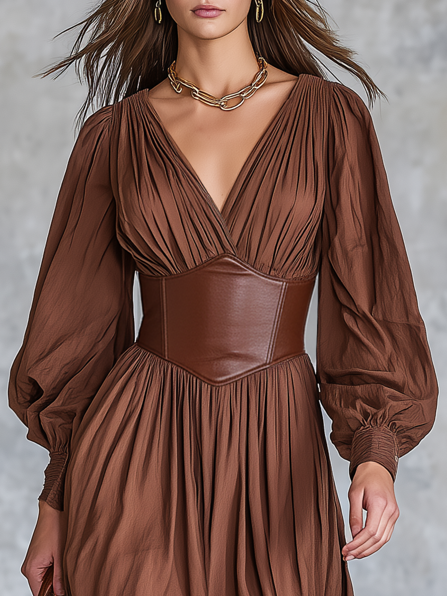 Retro V-neck Faux Leather Patchwork Cotton And Linen Midi Dress