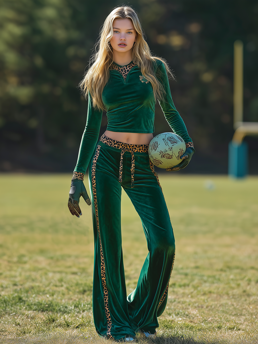 Retro Sporty Crew Neck Velvet Top And Flared Pants Set