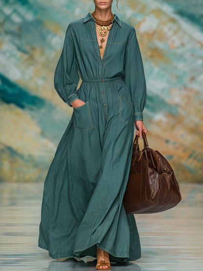 Retro Casual Fashion Lapel Long Denim Dress