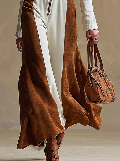 Elegant Urban Style White And Brown Faux Suede Wide-leg Jumpsuit
