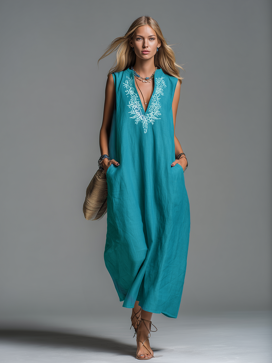 Comfortable And Casual V-neck Embroidered Sleeveless Maxi Dress