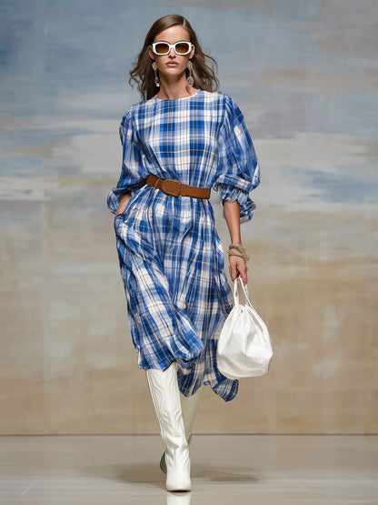 Casual Retro Blue And White Checkered Chiffon Long-sleeved Midi Dress