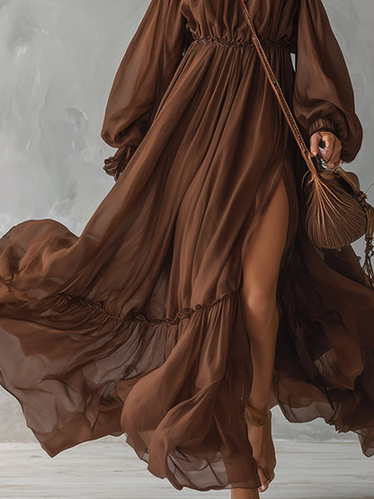 Classic And Elegant Brown Chiffon Off-the-shoulder Long-sleeved Maxi Dress