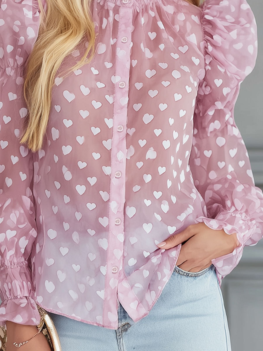 Heart-print Chiffon Puff-sleeved Shirt