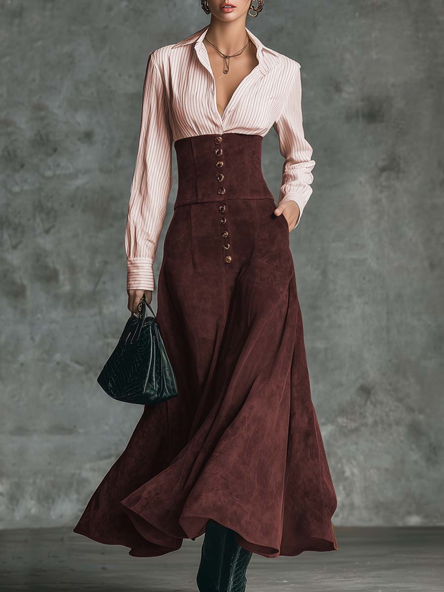 Vintage Elegant Pink Striped Cotton Shirt And Maroon Suede High-waisted Skirt Set