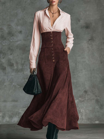 Vintage Elegant Pink Striped Cotton Shirt And Maroon Suede High-waisted Skirt Set