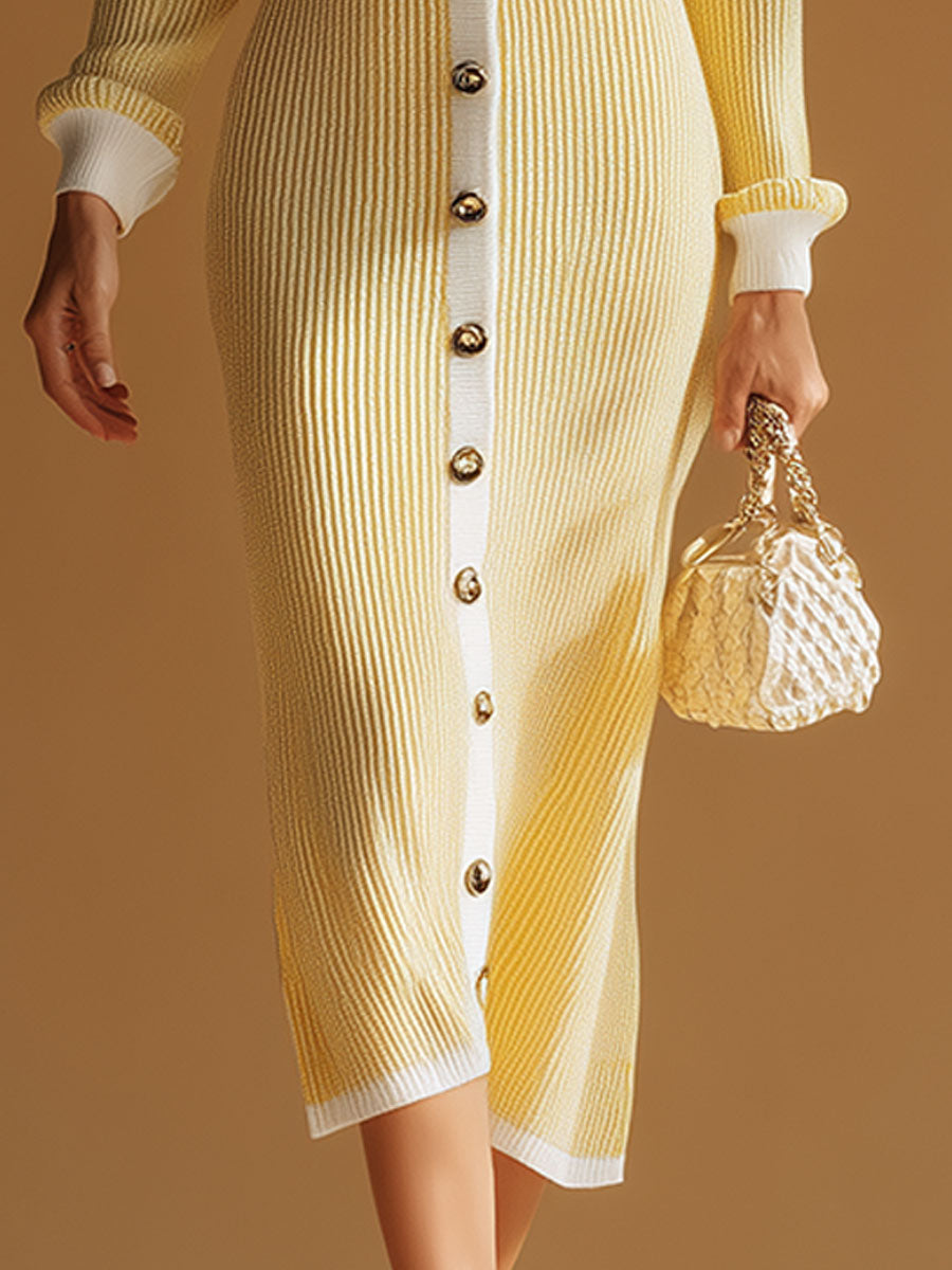 Stylish And Elegant White-trimmed Yellow V-neck Knitted Midi Dress
