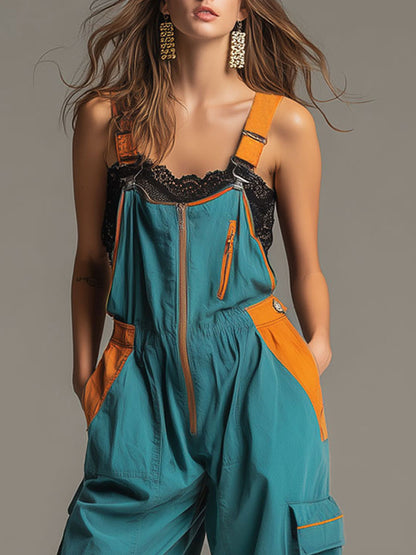 Casual Retro Orange And Lake Blue Cotton Overalls
