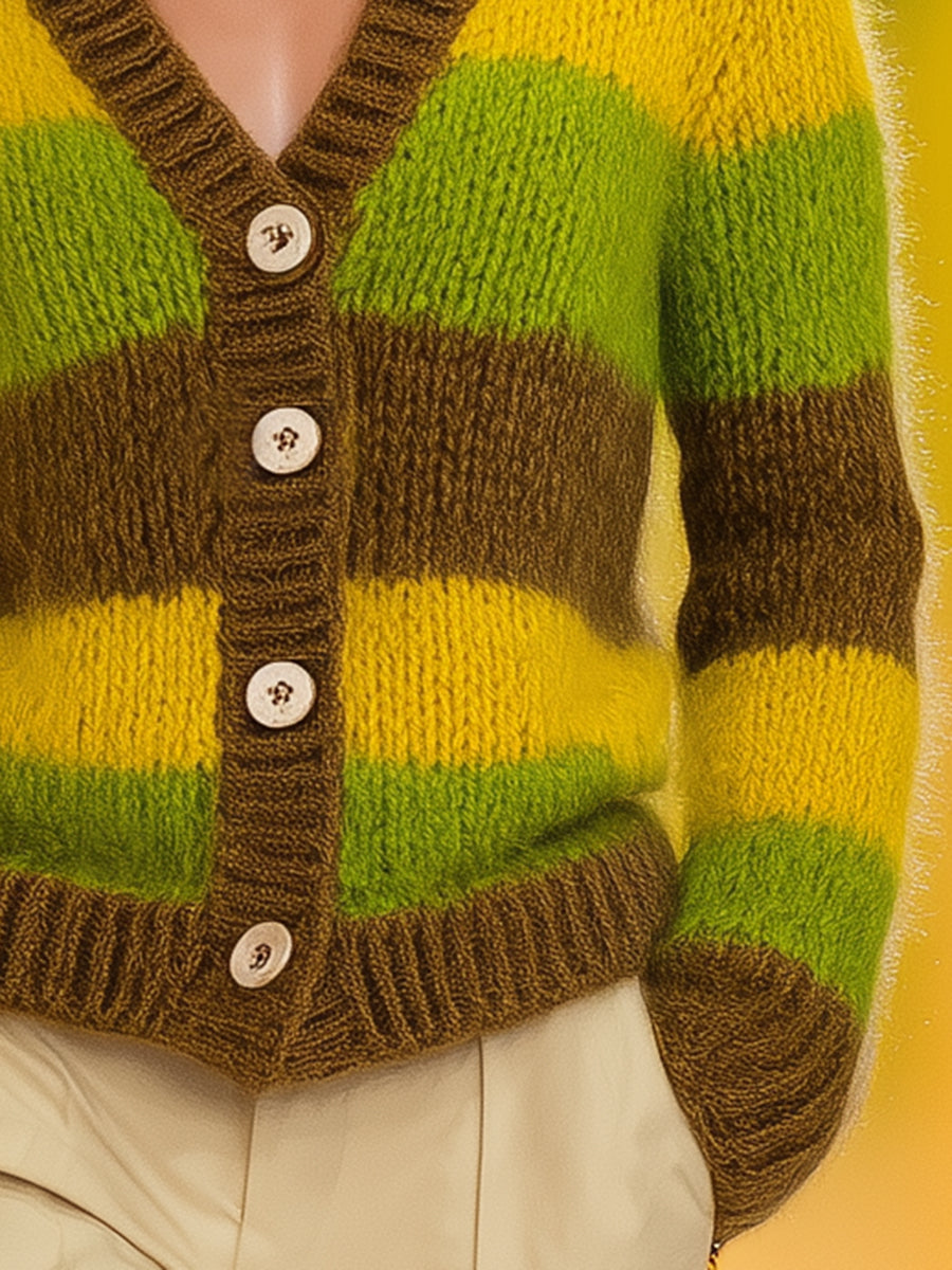 Casual Brown And Yellow-green Striped Knit Cardigan