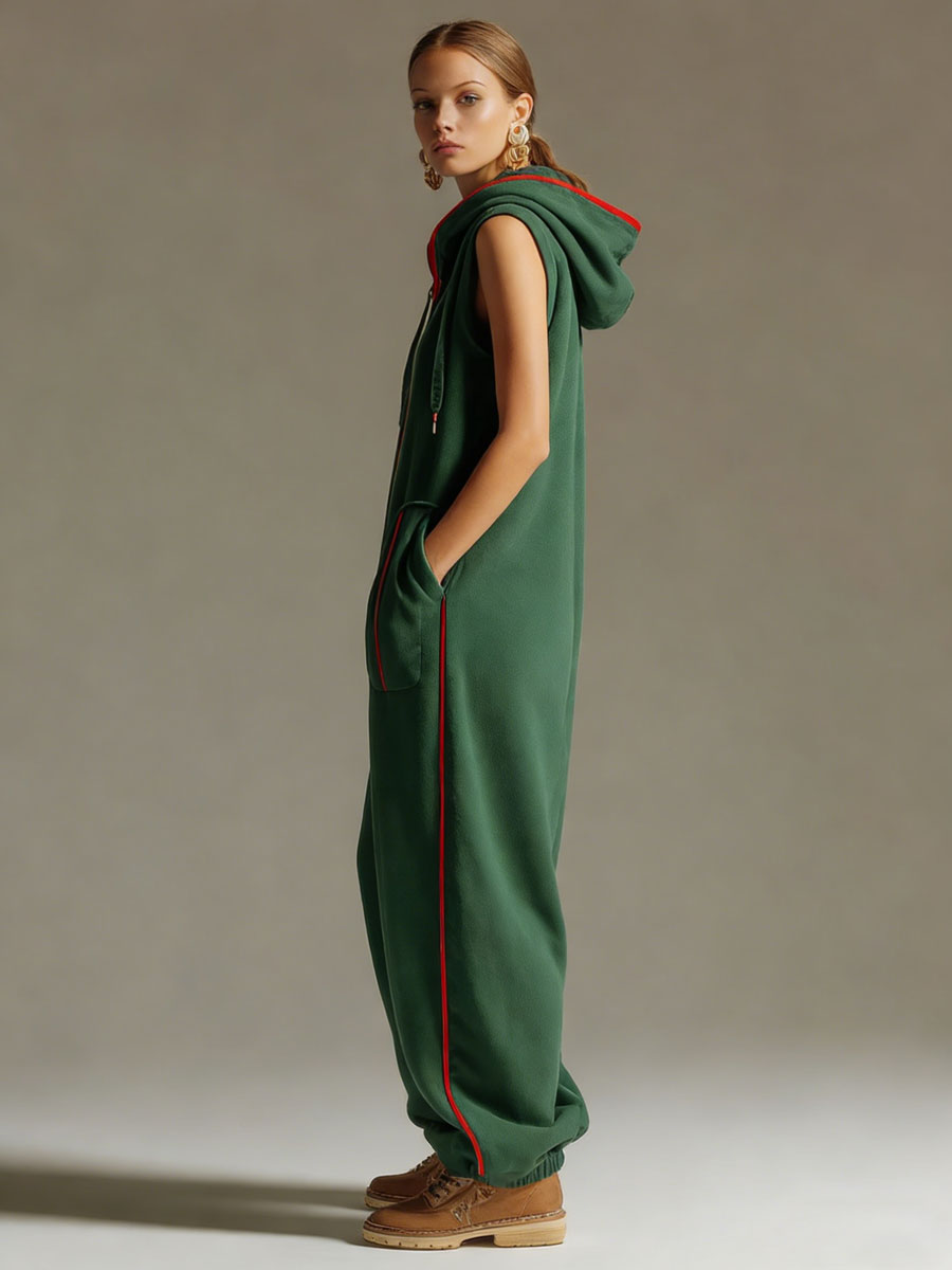 Loose-fitting Retro Sporty Dark Green Hooded Short-sleeved Jumpsuit