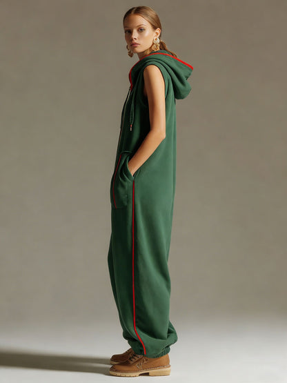 Loose-fitting Retro Sporty Dark Green Hooded Short-sleeved Jumpsuit