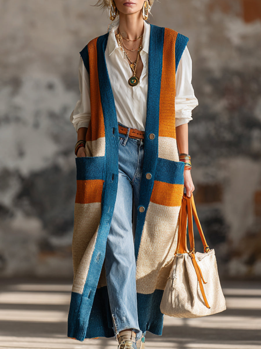 Stylish And Versatile Color-blocked Striped Knit Cardigan Vest