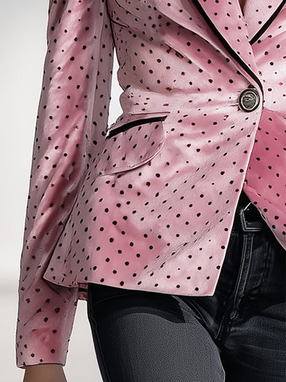 Elegant Pink Velvet Black Polka Dot Blazer