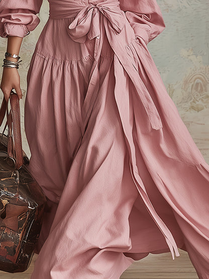Elegant Urban Pink Collared Cotton-linen Maxi Dress