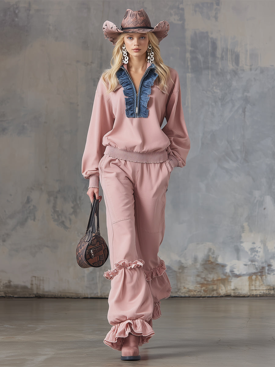 Casual Urban Denim Ruffled Pink Sweatshirt And Wide-leg Pants Tracksuit