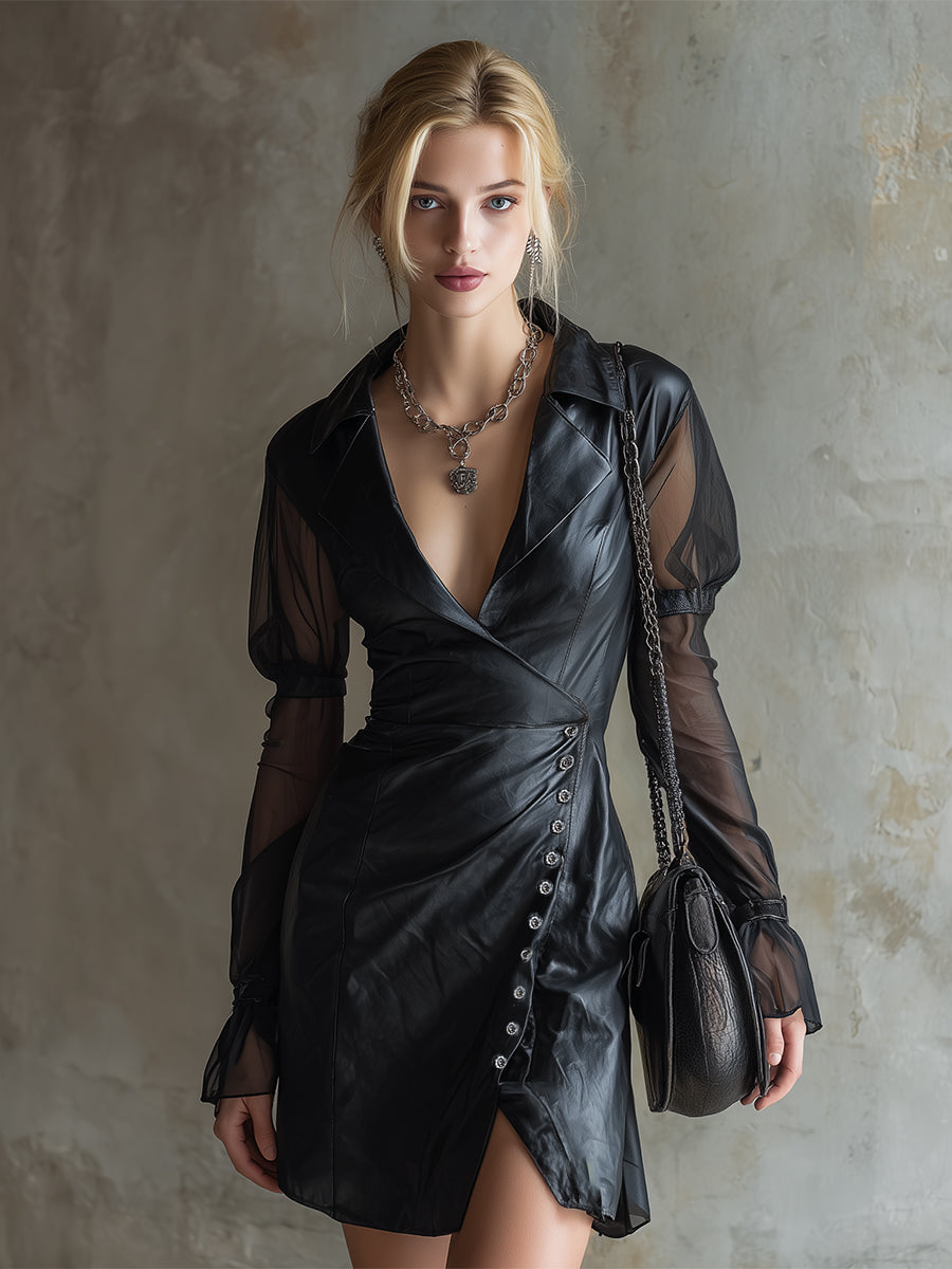 Elegant Black Collared Faux Leather Chiffon Long-sleeved Mini Dress