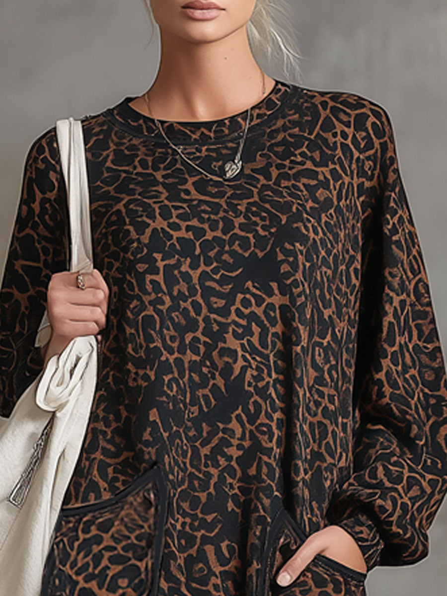 Leopard Print Faux Suede Fringed Crew Neck Long-sleeved Mini Dress