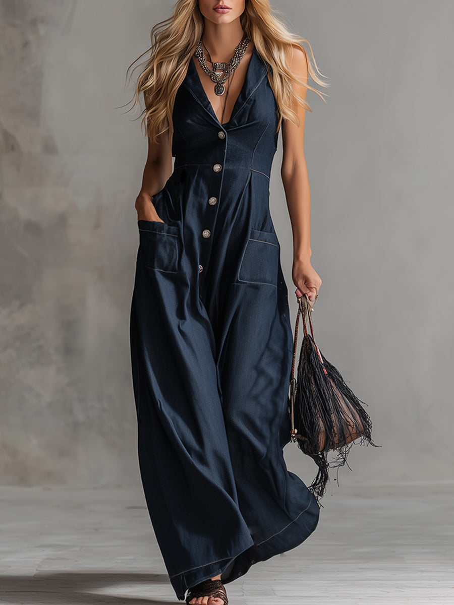 Elegant Urban Navy Blue Tencel Denim Sleeveless Maxi Dress