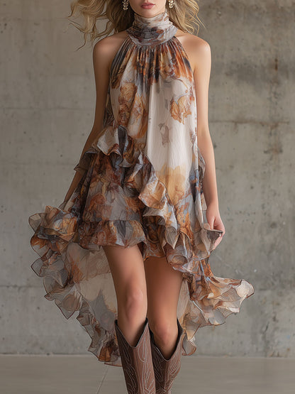 Fashionable Retro Printed Orange Chiffon Ruffle Halter Neck Sleeveless Midi Dress