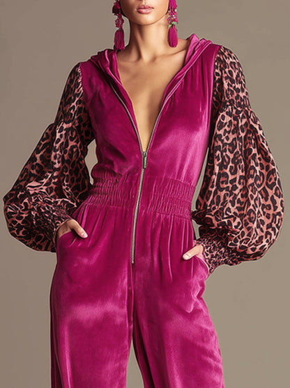 Casual Retro Long-Sleeved Chiffon Leopard Print Rose Red Velvet Wide-Leg Hooded Jumpsuit