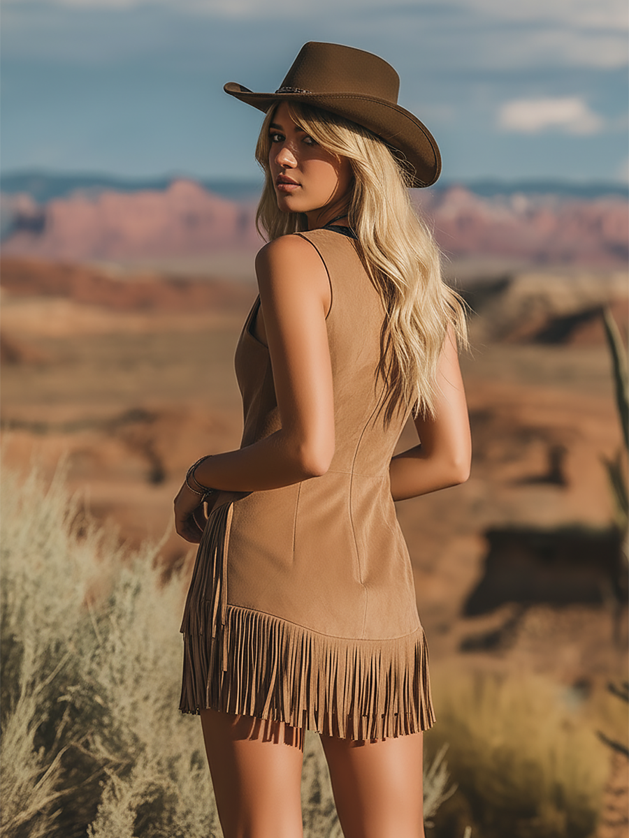 Retro Western Style V-neck Embroidered Fringed Faux Suede Mini Dress