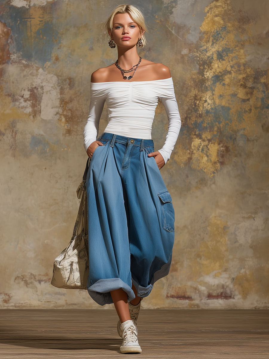 White Off-the-shoulder Ruched Long-sleeved T-shirt