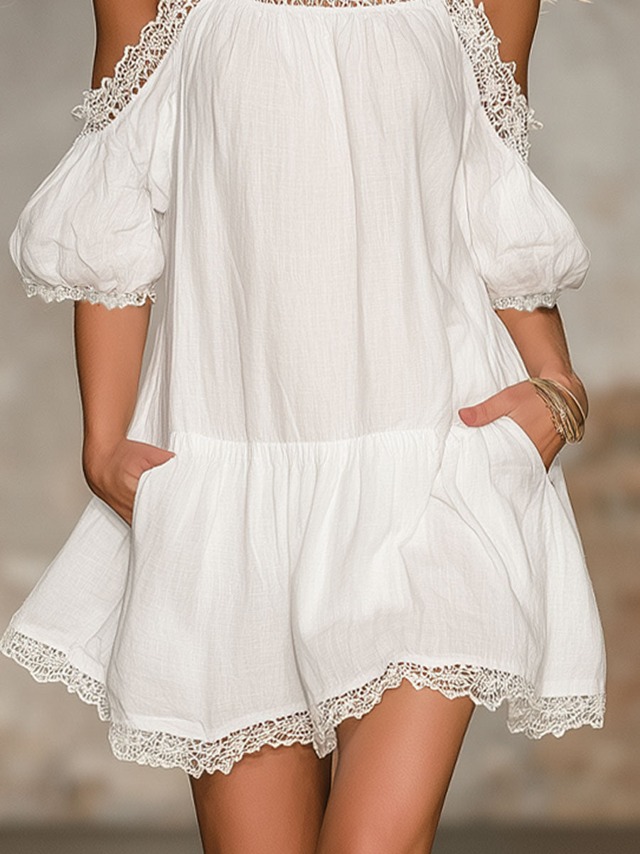 Off-the-shoulder Short-sleeved Cotton Mini Dress