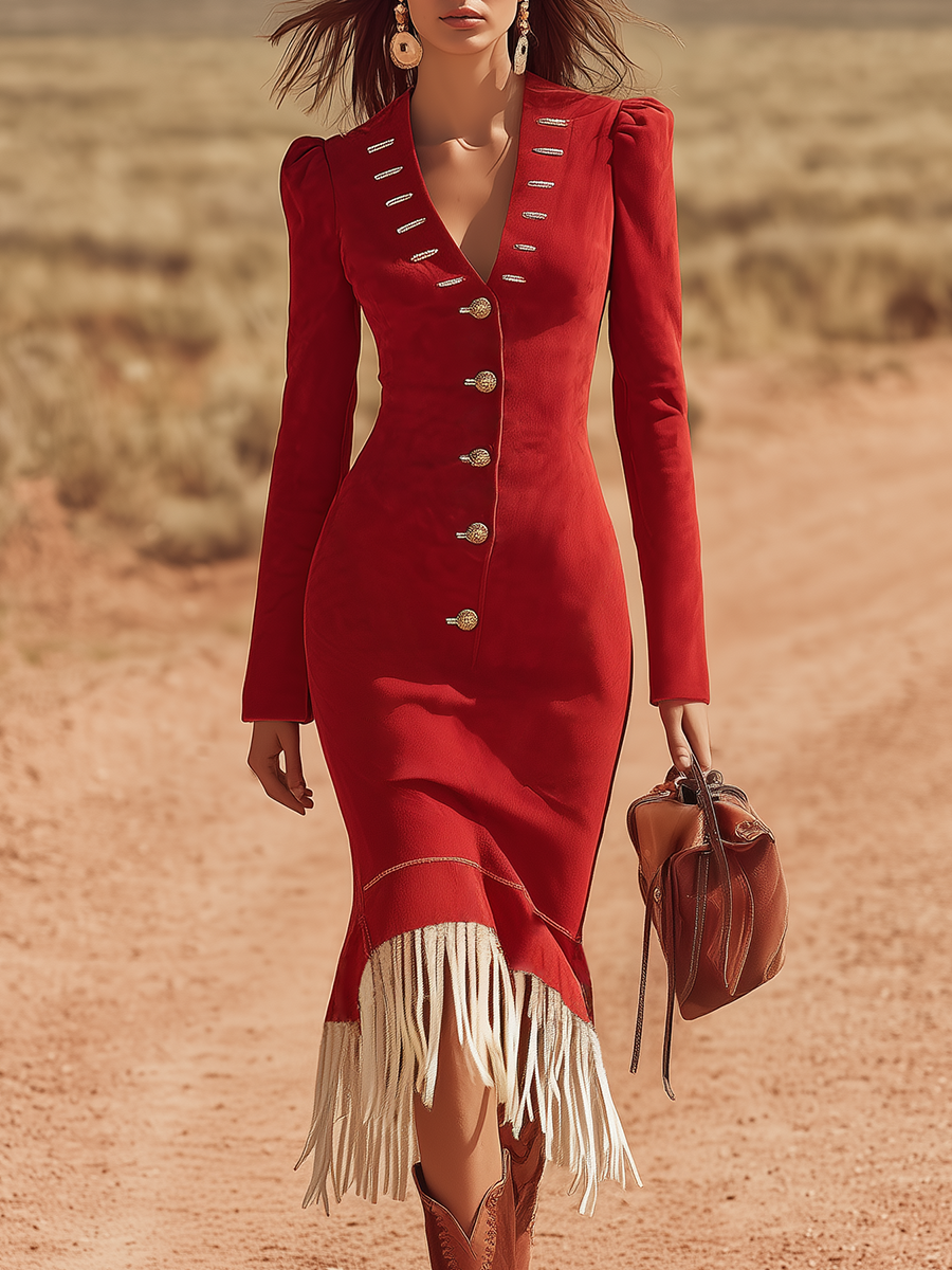 Vintage Western Style V-neck Metal Buttons And Fringe Faux Suede Midi Dress