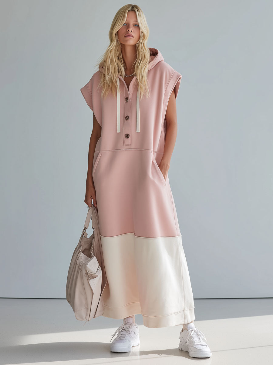 Hooded Color-block Double-pocket Sleeveless Maxi Dress