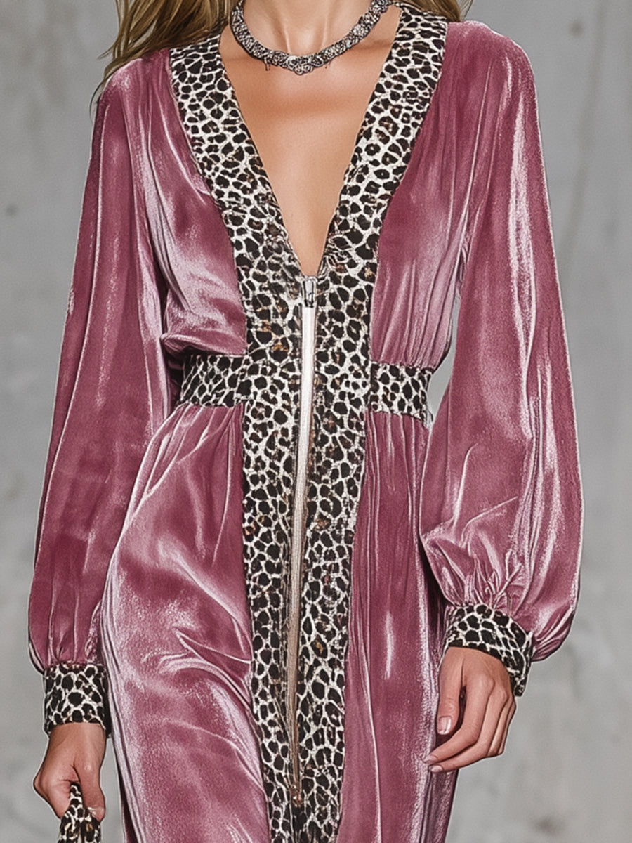 Fashionable Pink Velvet Patchwork Leopard Print Zipper Straight Maxi Dress
