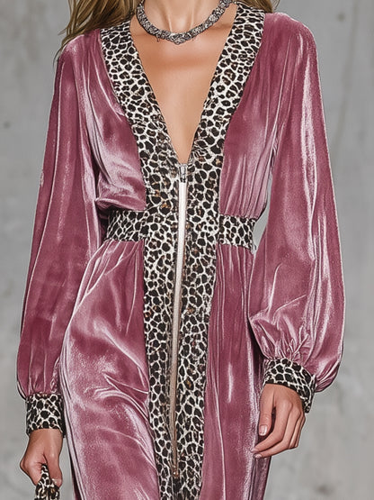 Fashionable Pink Velvet Patchwork Leopard Print Zipper Straight Maxi Dress