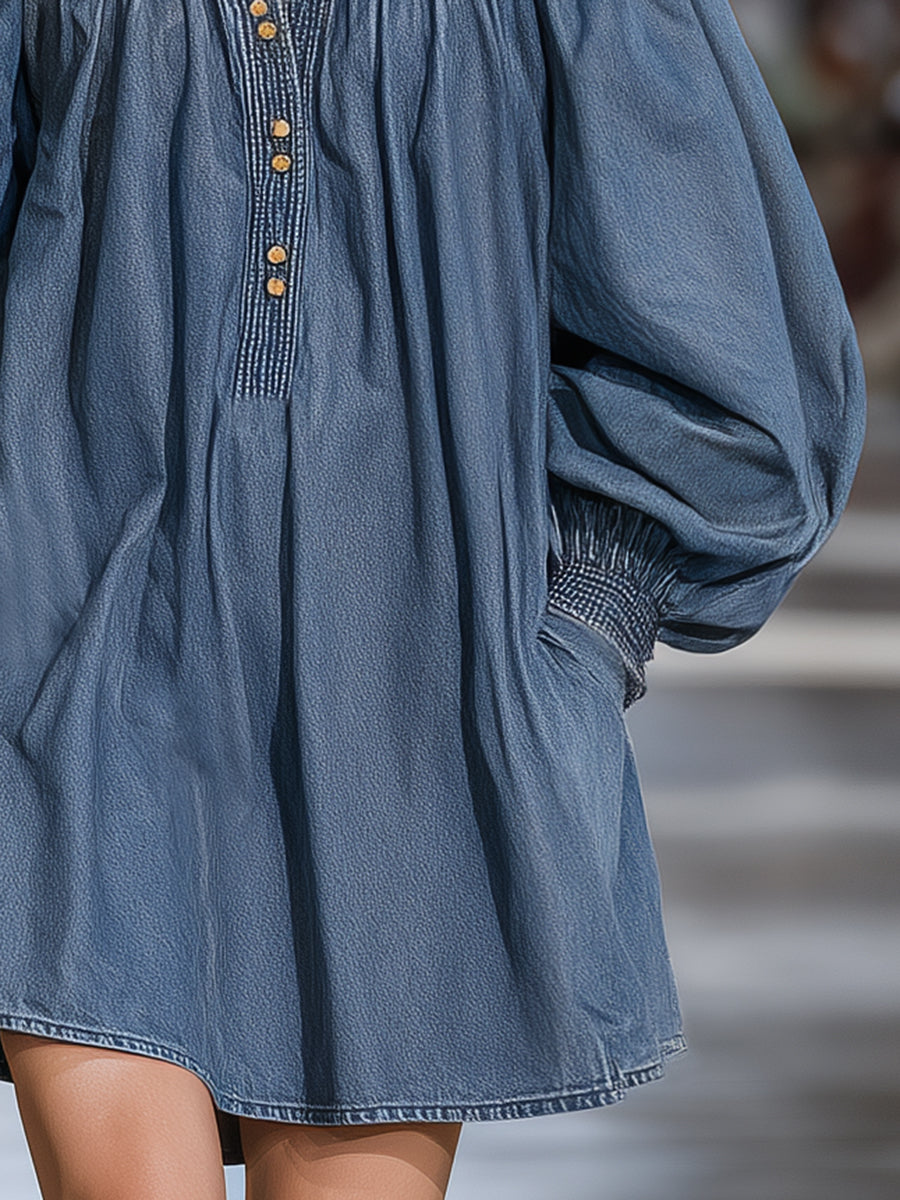 Fashionable Retro Stand-up Collar Denim Loose Mini Dress
