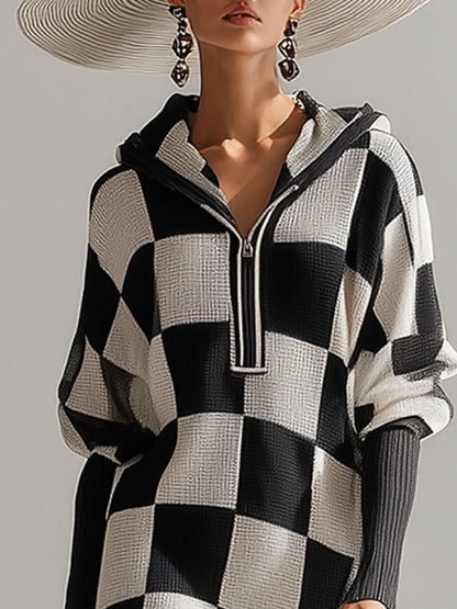 Fashionable Retro Black And White Checkered Hooded Knit Midi Dress