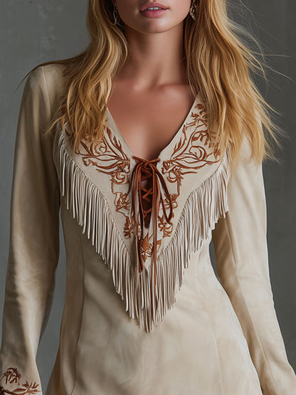 Western-style Tie-up Embroidered Fringed Faux Suede Long-sleeved Mini Dress