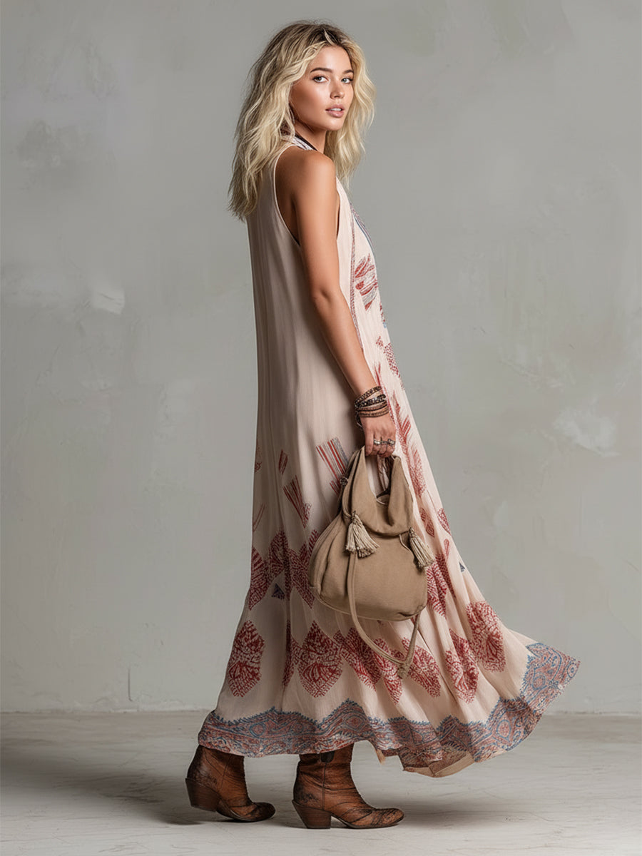 Retro-style Vacation Silhouette Ethnic Print Pink Chiffon Sleeveless Maxi Dress