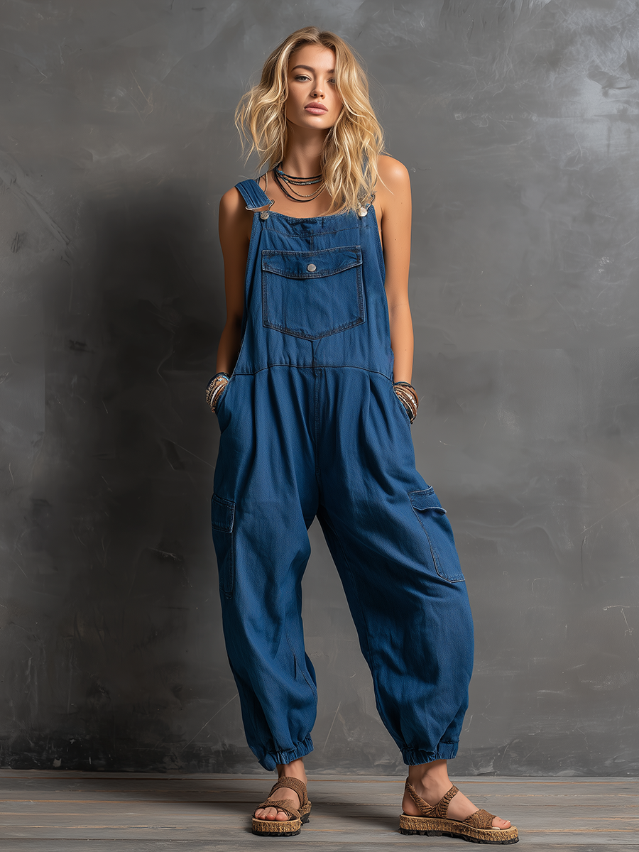 Retro Casual Lazy Chic Multiple Pockets Tapered Leg Opening Denim Overalls