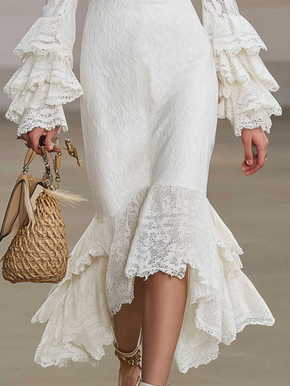 V-neck Lace Ruffle Long-sleeved Midi Dress