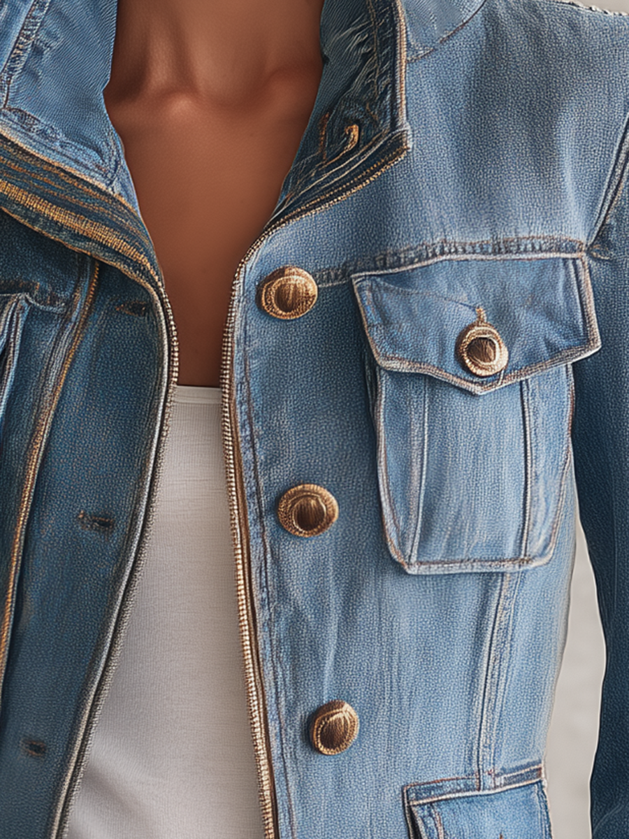 Hunting Denim Jacket With Gold Zipper Placket