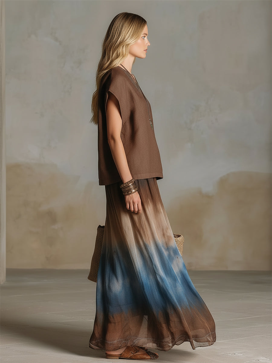 Retro Ethnic Bohemian Brown Cotton-Linen T-Shirt &amp; Gradient-Print Chiffon Midi Skirt Set