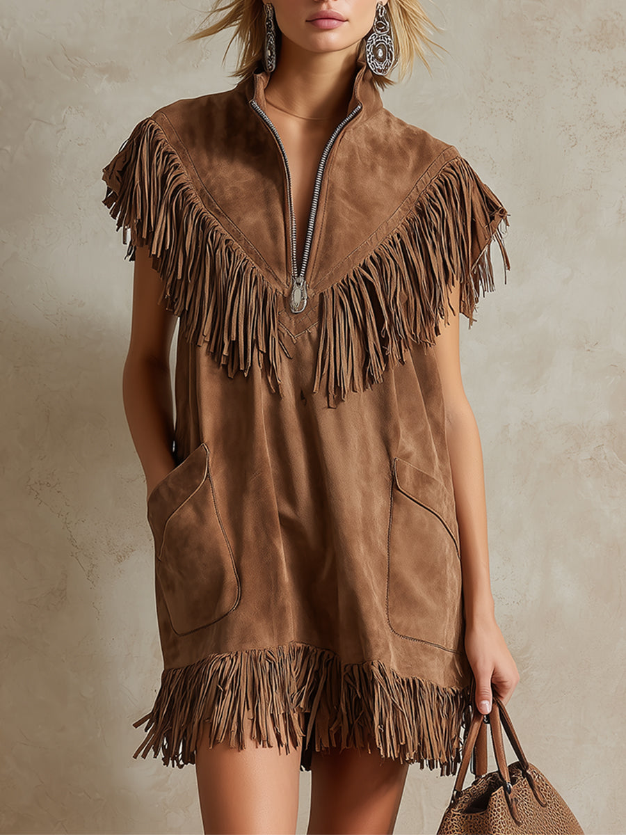 Stylish Western-style Light Brown Faux Suede Fringed Sleeveless Mini Dress