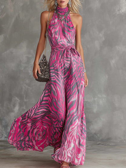 Stylish And Elegant Hot Pink Zebra Print Chiffon Halter Neck Sleeveless Maxi Dress