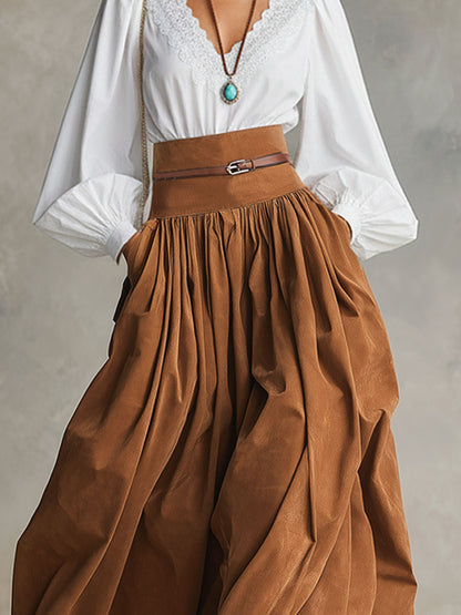 Retro-style Faux Suede High-waisted Pleated Midi Skirt