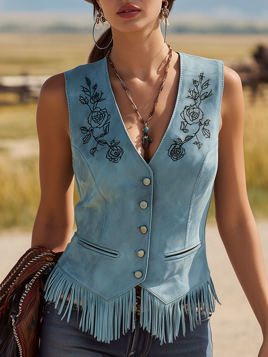 Western-style Retro Fringed Embroidered Lake Blue Sleeveless Faux Suede Shirt