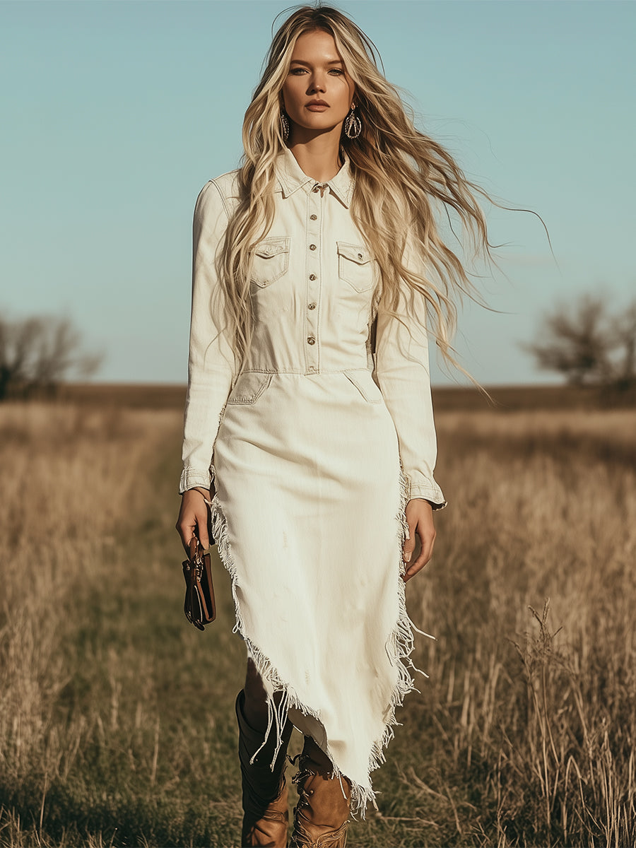 Retro Western Off-white Denim Frayed Midi Dress