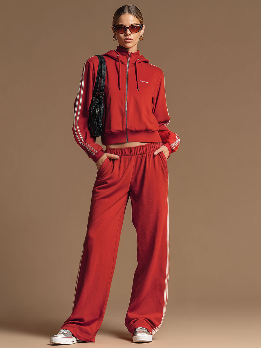 Sporty Retro Ribbon Embroidered Red Zipper Hooded Sweatshirt And Wide-Leg Pants Set